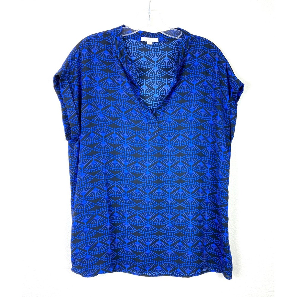Pleione Women's V-Neck Blouse Size M Blue Black Cap Sleeve Office Business
